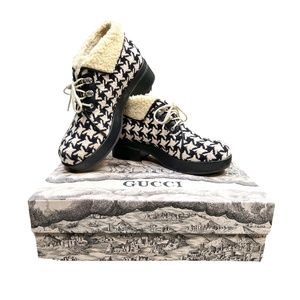 Gucci Shearling Hounstooth Lace Up Ankle Boots